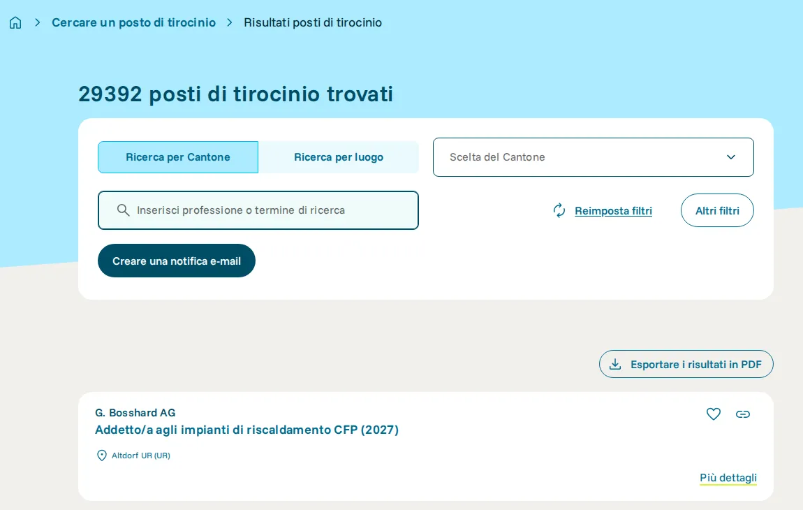 Risultati della ricerca su orientamento.ch con il filtro anno d'inizio 2027: 29392 posti di tirocinio trovati, sopra i filtri per Cantone, luogo e professione, sotto un annuncio per addetto/a agli impianti di riscaldamento CFP ad Altdorf
