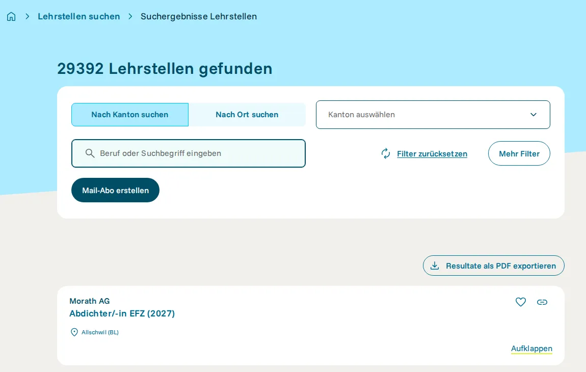 Suchergebnis auf berufsberatung.ch mit dem Filter Lehrbeginn 2027: 29392 Lehrstellen gefunden, darüber die Filter nach Kanton, Ort und Beruf, darunter ein Eintrag für eine Lehre als Abdichter/-in EFZ in Allschwil