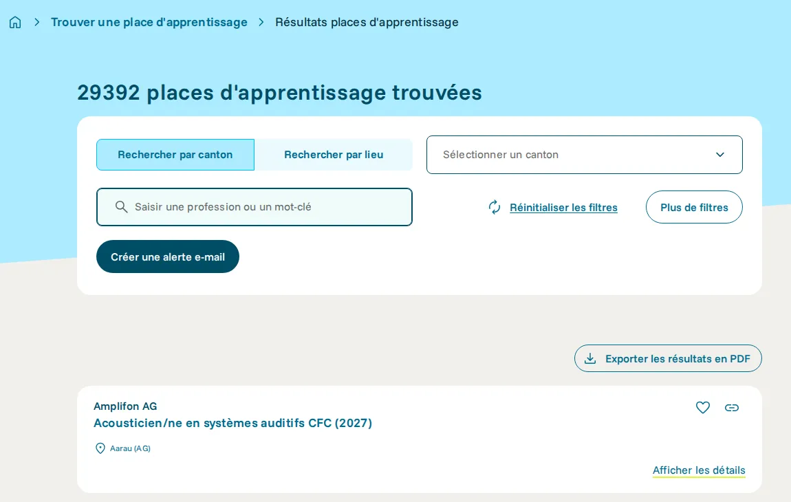 Résultats de recherche sur orientation.ch avec le filtre année de début 2027 : 29392 places d’apprentissage trouvées, avec les filtres par canton, lieu et profession, puis une place d’acousticien/ne en systèmes auditifs CFC à Aarau