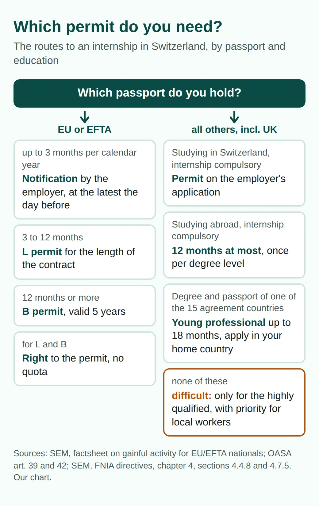 Decision tree: with an EU or EFTA passport, notification by the employer up to 3 months, L permit up to 12 months, then B. From other countries: compulsory internship during studies, young professional up to 18 months, otherwise difficult.