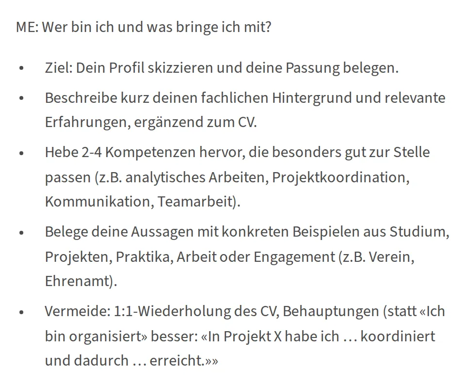 Estratto in tedesco della pagina dell'UZH sulla parte ME: mettere in evidenza da 2 a 4 competenze, provarle con esempi da studi, progetti, stage, lavoro o impegno, e invece di «Sono organizzato» scrivere «Nel progetto X ho coordinato ...»