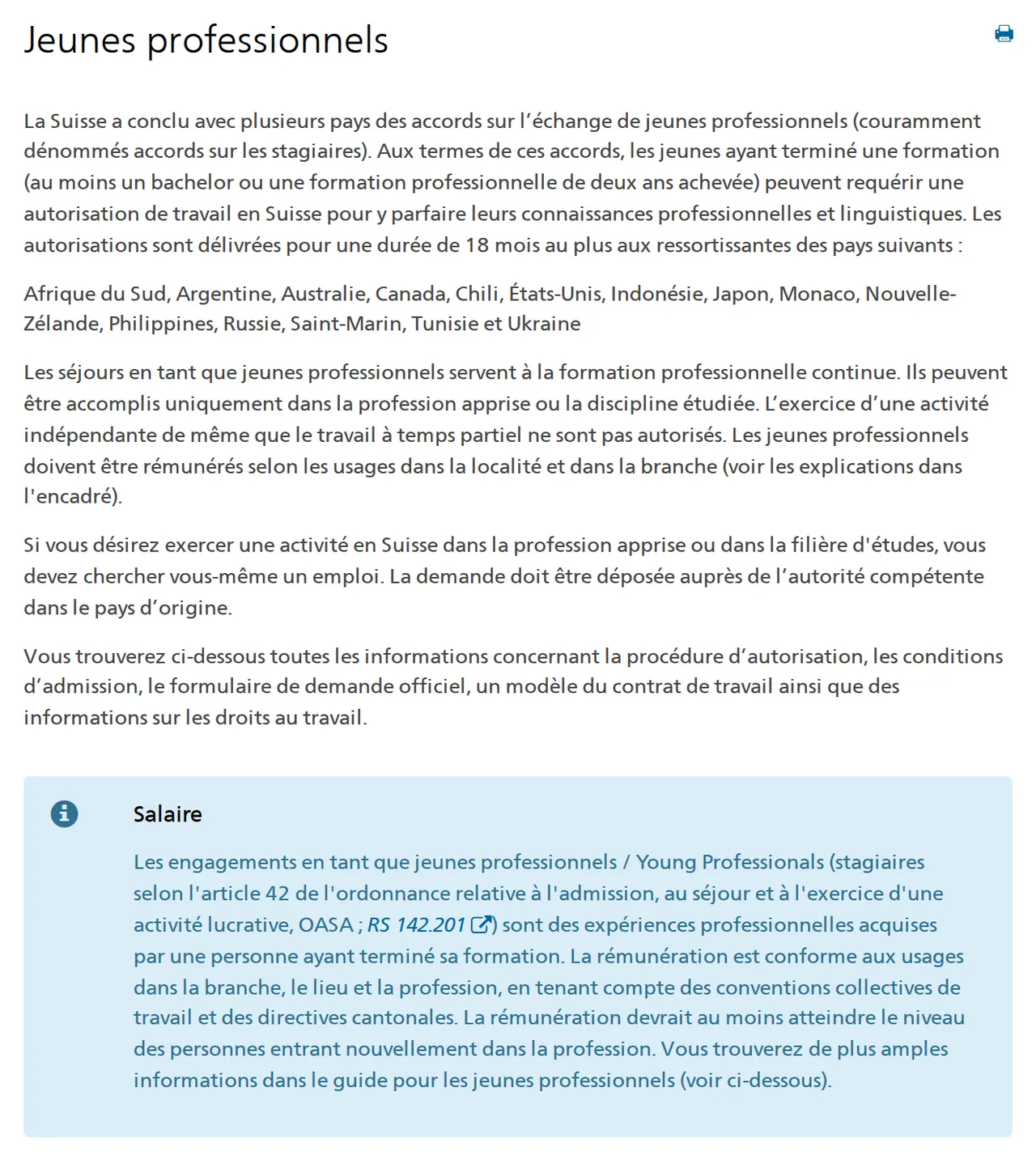 Extrait de la page « Jeunes professionnels » du SEM : 15 pays, au moins un bachelor ou une formation de deux ans, 18 mois au plus, uniquement dans la profession apprise, pas de temps partiel, salaire de début de carrière.