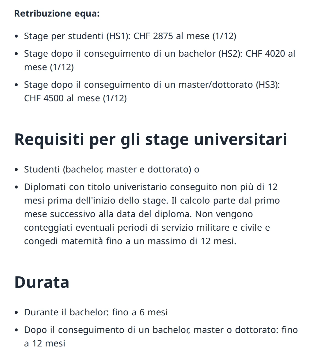 Estratto della pagina della SECO sugli stage universitari: durante il bachelor 2875 franchi al mese, dopo il bachelor 4020, dopo master o dottorato 4500; durata fino a 6 mesi durante il bachelor e fino a 12 mesi dopo il diploma
