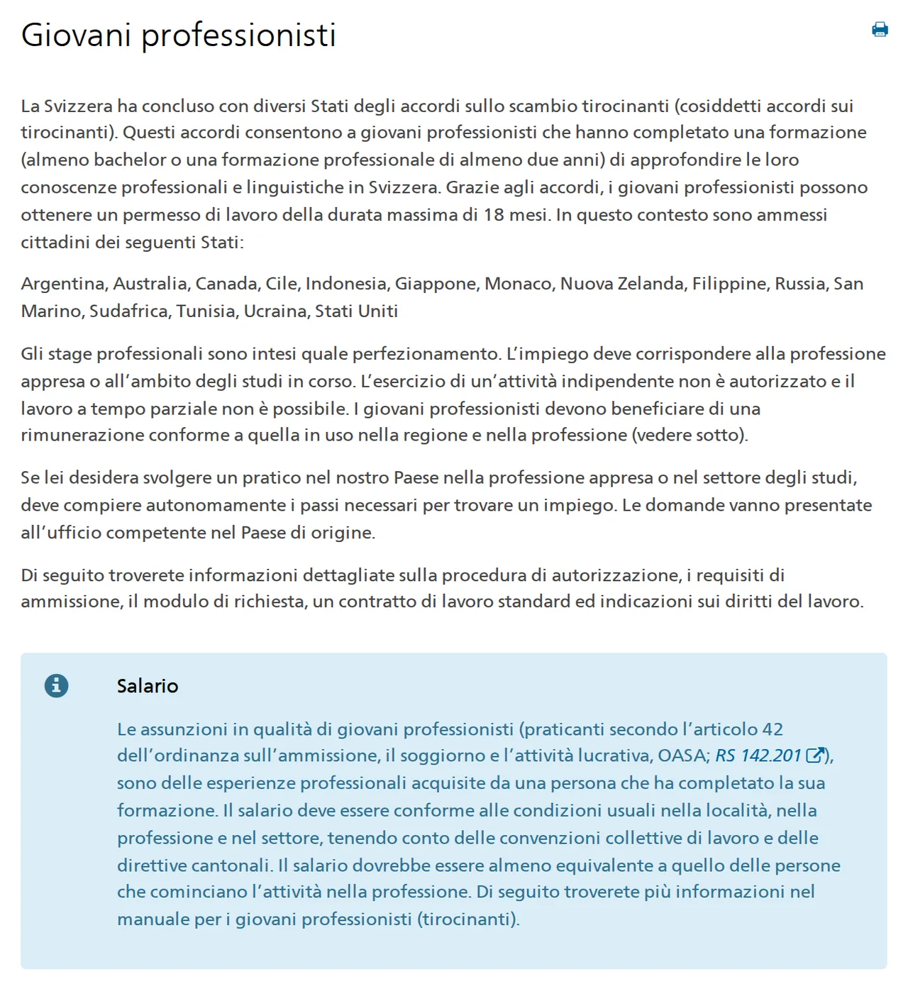 Estratto della pagina «Giovani professionisti» della SEM: 15 Paesi, almeno un bachelor o una formazione professionale di due anni, al massimo 18 mesi, solo nella professione appresa, niente tempo parziale, salario da principiante.